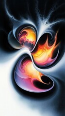 Abstract artwork featuring vibrant colors and fluid shapes, evoking motion and energy.