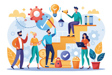 Illustration of a diverse team working together on business development and innovation, symbolized by a light bulb and gears, fostering creativity, teamwork, and progress.