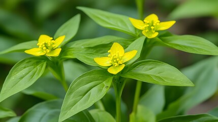 Obraz premium Closeup View of Three Yellow Flowers with Green Leaves