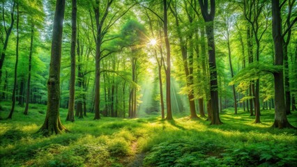 Breathtaking Green Forest Panorama in Summer, serene, lush vegetation,  serene, lush vegetation