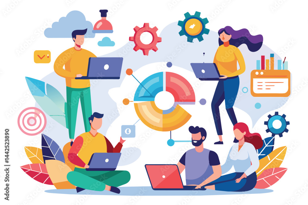 Poster illustration of a diverse team working together on data analysis and strategy using laptops. concept