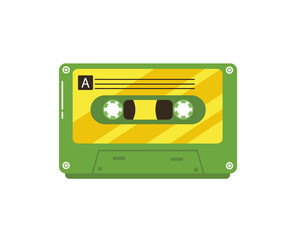 png compact cassette illustration in vintage 1980s style with isolated musical tape player for dance entertainment audio mix with plastic mono sound and colourful retro media icon set

