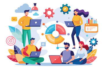 Illustration of a diverse team working together on data analysis and strategy using laptops. Concept of collaboration, innovation, and teamwork featuring charts and gears.