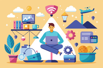 Vibrant illustration depicting a man with a laptop surrounded by various technology and work-related icons. Represents modern digital work culture and connection in a creative style.