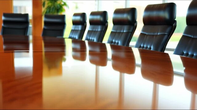 An empty boardroom table with leather chairs