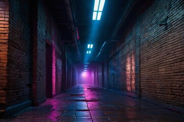 Fototapeta premium empty corridor with brick walls and neon light, Ultraviolet background of empty foggy street with wet asphalt