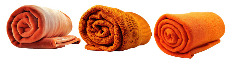 Fototapeta premium Rolled Orange Towels With Varying Textures isolated on a transparent background