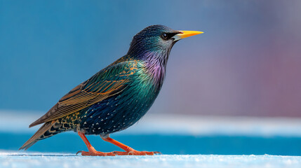 Fototapeta premium Close up of european starling bird with iridescent feathers perched on a blue surface outdoors nature shot