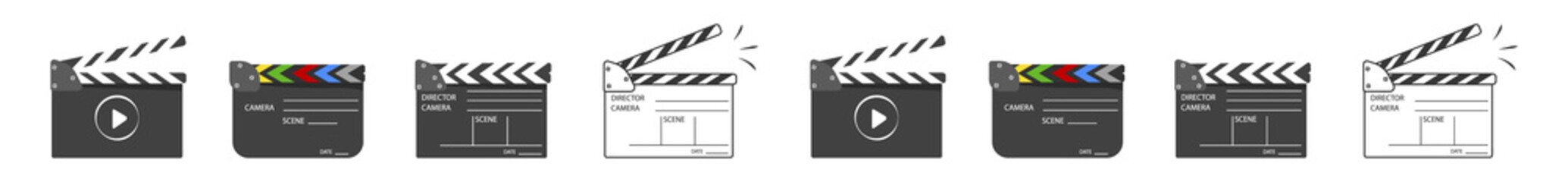 png clapper-board object for cinema production with vintage blackboard film equipment and white banner background in flat isolated vector style for television shot action and cinematography concept   © Little Monster 2070