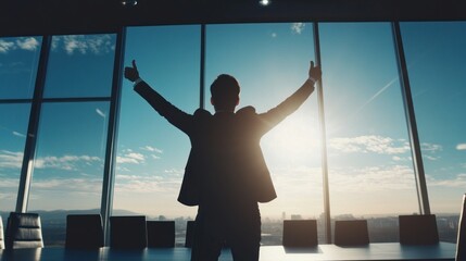 Fototapeta premium Successful Businessman Celebrating Achievement with Arms Raised in Office