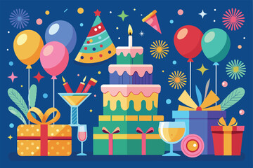 A vibrant birthday celebration scene featuring a layered cake, balloons, gifts, and festive decorations on a blue background. Perfect for party invitations and festive occasions