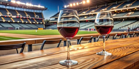 Obraz premium Two red wine glasses sitting on a wooden table in the middle of a spacious concourse at a large stadium surrounded by seating areas and concession stands, ballpark atmosphere, wine