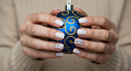 Festive Nails! Blue Christmas Ornament Held in Elegant Hands with White Manicured Nails & Sparkly Accent Nail Art