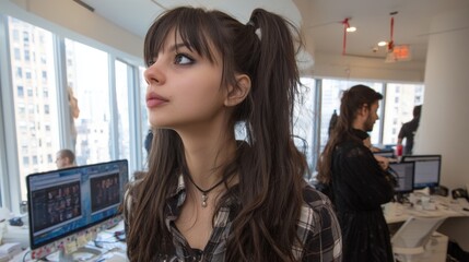 Obraz premium A young female programmer is seated at her desk in the office, working