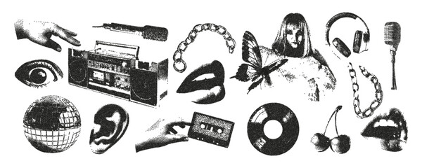Music retro elements with photocopy stipple effect for halftone collage art. Vinyl record, disco ball, girl, cassette, speaker, radio, microphone, headphones.Trendy vector design for cards, covers.