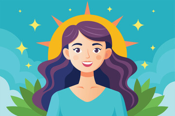 Colorful illustration of a smiling woman with long hair, set against a vibrant sky and starry backdrop, evoking a sense of warmth and positivity.