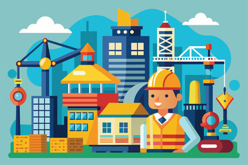 Vibrant cartoon illustration depicting an engineer in front of a dynamic construction site. Features cranes, buildings, and a smiling worker, symbolizing development and engineering.