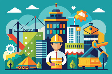 Vibrant cartoon illustration depicting an engineer in front of a dynamic construction site. Features cranes, buildings, and a smiling worker, symbolizing development and engineering.