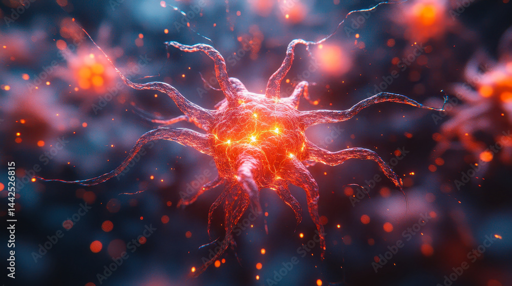 Poster detailed visualization of neurons sending neurotransmitters in neurological system