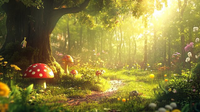 Magical fairytale forest path sunlight mushrooms flowers art red tree green scene woods white summer