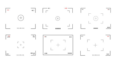 png digital camcorder view with zoom lens and screen overlay showing cinematic exposure and camera focusing for film snapshots with black border frame and transparent background in video production

