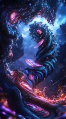 A vibrant, surreal landscape featuring twisting organic forms and glowing elements.
