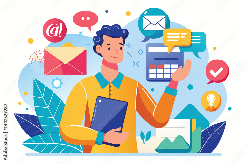 Poster illustration of a person managing digital communication, surrounded by emails and messages. represen
