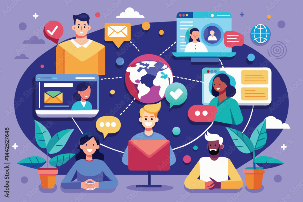 Poster colorful illustration depicting global online communication and networking. diverse people connectin