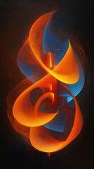 An abstract composition featuring flowing shapes in vibrant orange and blue hues against a dark background.
