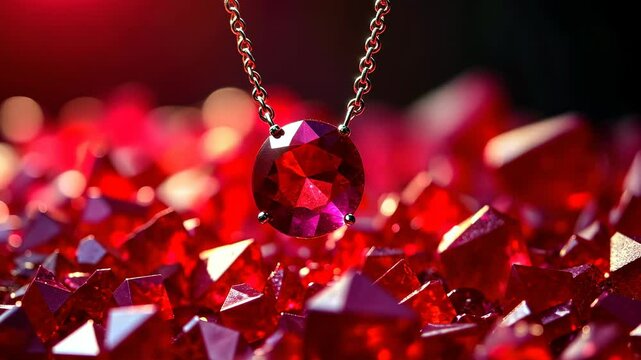 Display jewelry, gemstone showcase, necklace beauty. Jewelry allure. Pendant glistens amid rubies. Chain holds delicate gem. Elegance reflected in jewelry design.