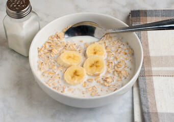 bowl of oatmeal  top with bananas