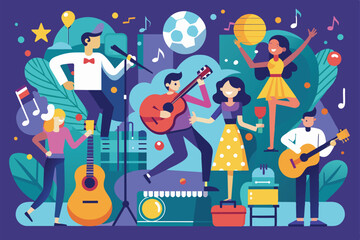 Vibrant illustration of people celebrating with music and dance at a lively party. Features instruments, dancing individuals, and joyful expression, capturing a festive and cheerful atmosphere.