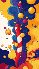 A vibrant abstract design featuring swirling colors and a striped object amidst colorful spheres.