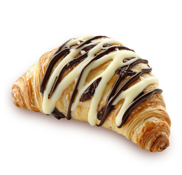 Croissant with chocolate drizzling on top, Isolated on white background. Fresh croissant with melted white and dark cholate. French dessert chocolate croissant isolated on white background. 