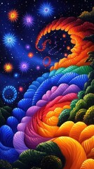 A vibrant, swirling cosmic landscape with colorful patterns and stars.