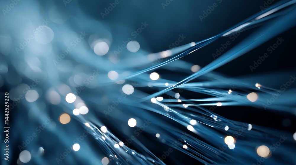 Fototapete Close-up of luminous blue particles creating intricate streams in a dark space, with a faint code cascading softly in the background for a digital atmosphere