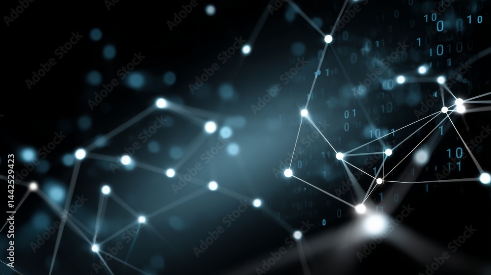 Fototapete Neon-blue data streams connect glowing digital nodes, forming a dynamic visual with scrolling binary code, ideal for tech-themed designs