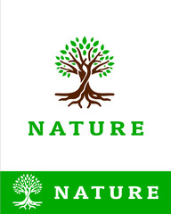 Obraz premium A vibrant and symbolic nature logo featuring a green leafy tree with intertwined trunks and deep roots isolated on white 