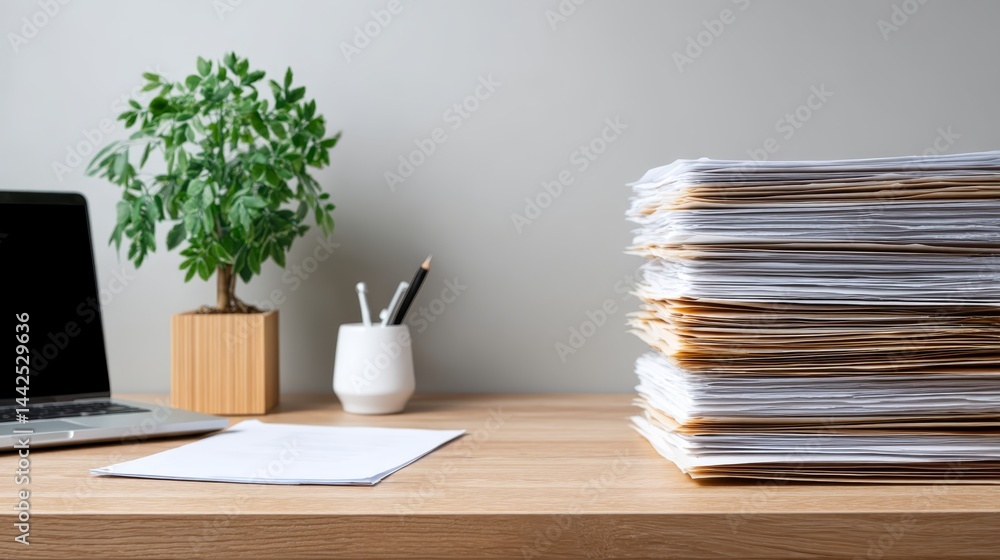 Poster a closed laptop rests on a clean white desk next to a stack of paperwork and a pen holder, creating 