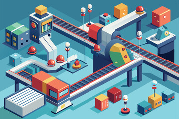 A vibrant isometric illustration of a factory with conveyor belts and industrial machinery. This digital artwork captures the essence of technology and manufacturing processes in a playful style.
