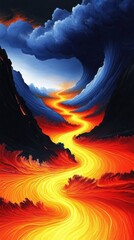 A vibrant, swirling landscape depicting flowing lava between dark mountains under dramatic clouds.