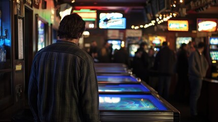 A man in plaid contemplates arcade games in a dimly lit setting