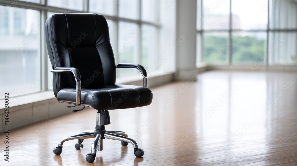 Poster an empty executive office chair positioned in a bright corporate environment, creating a sense of pr