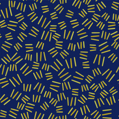 Texture seamless pattern. Yellow short lines on a dark blue background. Thick thread stitches on denim fabric. Abstract background of parallel dashes. Minimalist geometry design for your project.