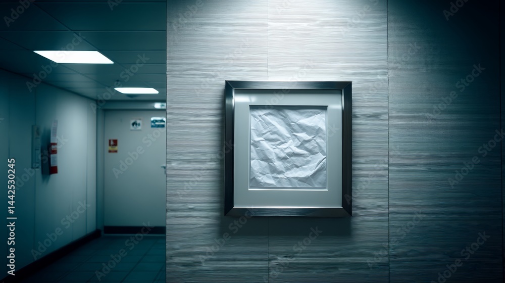 Poster a blank metallic sign is prominently displayed at eye-level on a neutral wall in a contemporary indo