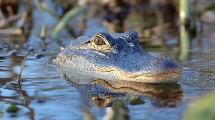 Obraz premium Alligator in Swamp Water, Close-Up Wildlife Portrait