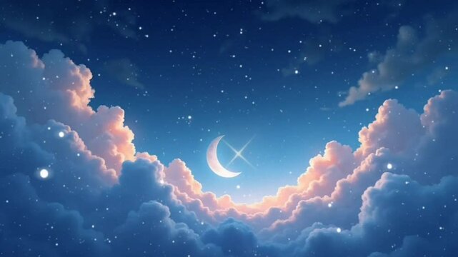 Crescent moon above dreamy clouds seamless looping 4k time-lapse animation video background