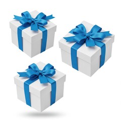 Obraz premium Three gifts with blue ribbons on white background
