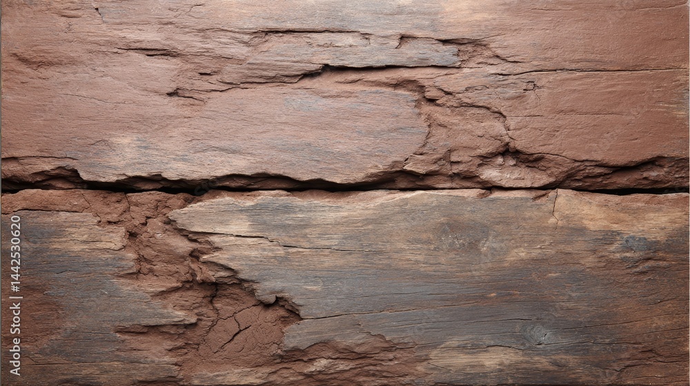 Poster Close-up view of a rustic dark brown timber surface showcasing unique cracks, inviting creativity with ample copy space on the left for customization