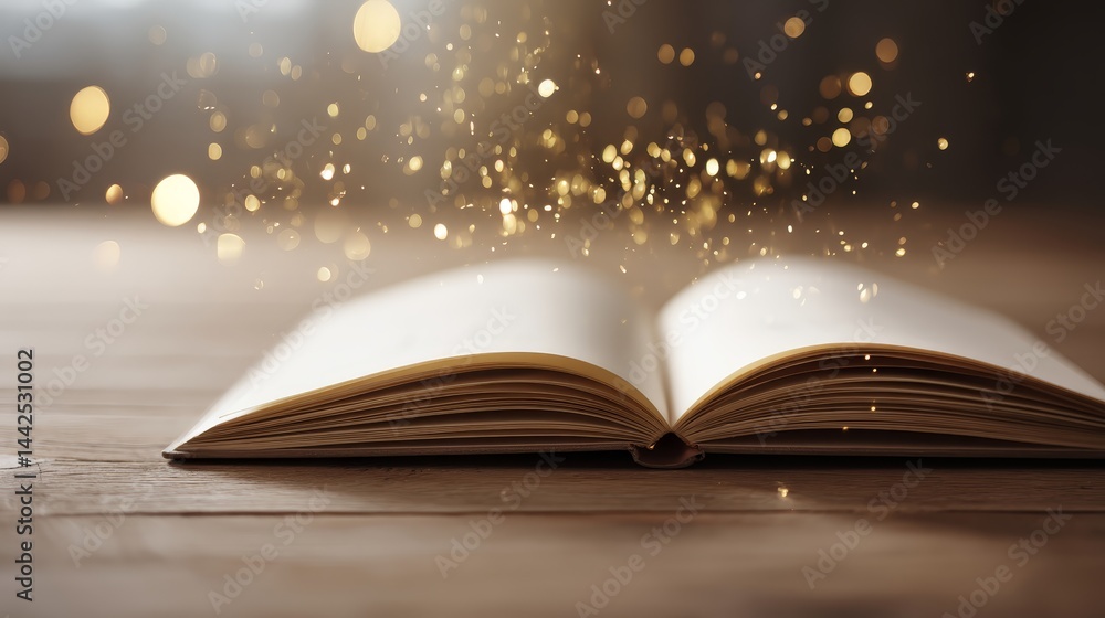 Aufkleber an open vintage book rests on a wooden table, surrounded by soft golden light particles that enhance